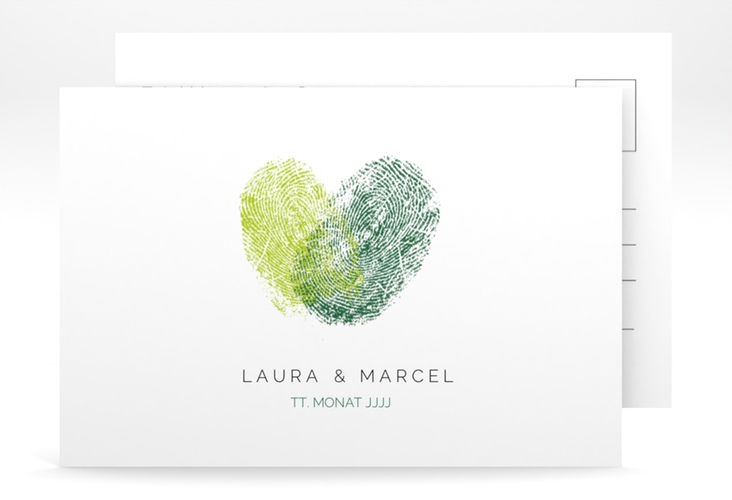 Antwortkarte Hochzeit Fingerprint A6 Postkarte gruen schlicht mit Fingerabdruck-Motiv