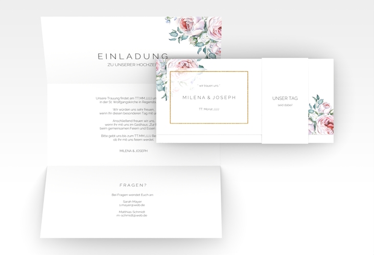 Hochzeitseinladung Embrace Wickelfalzkarte + Banderole weiss