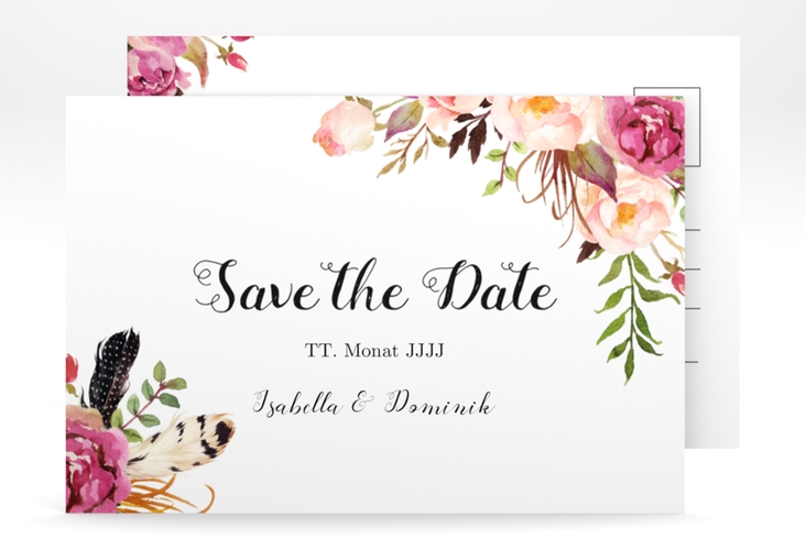 Save the Date-Postkarte Flowers A6 Postkarte weiss mit bunten Aquarell-Blumen