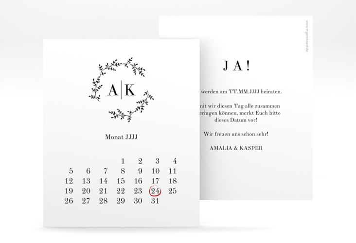 Save the Date-Kalenderblatt Filigrana Kalenderblatt-Karte in reduziertem Design mit Initialen und zartem Blätterkranz