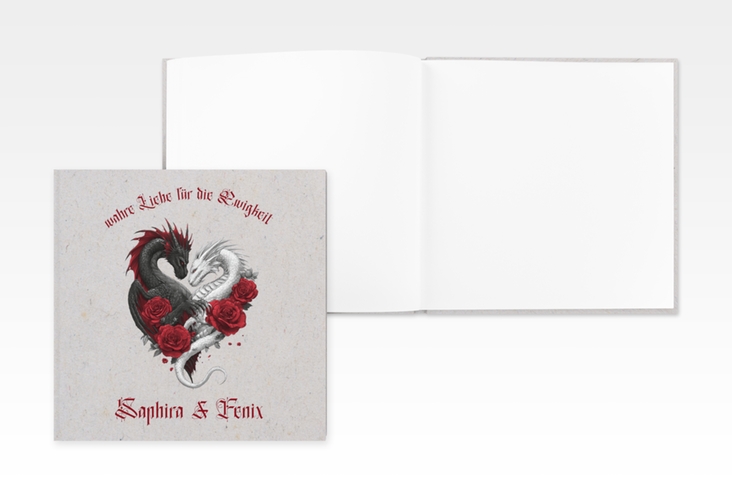 Gästebuch Creation Drachenliebe 20 x 20 cm, Hardcover grau mit schwarzem und weißem Drachen zu einem Herz verschlungen