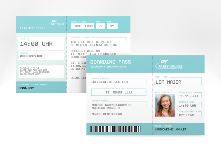 Einladung Jugendweihe Ticket A6 Karte quer blau