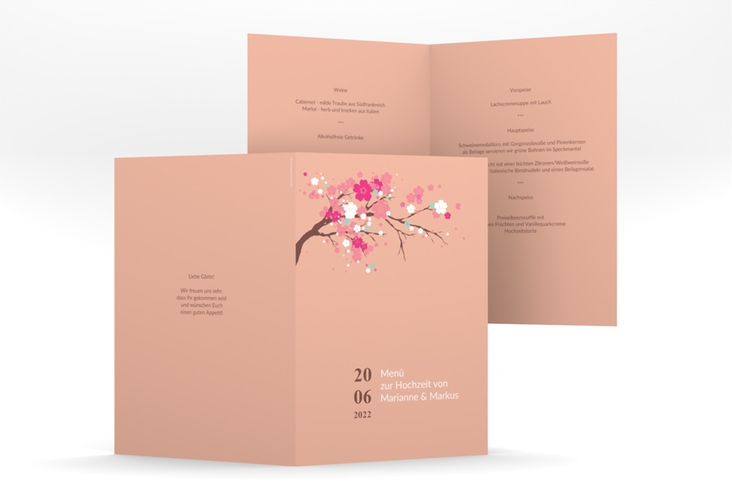 Menükarte Hochzeit Sakura A5 Klappkarte hoch apricot hochglanz