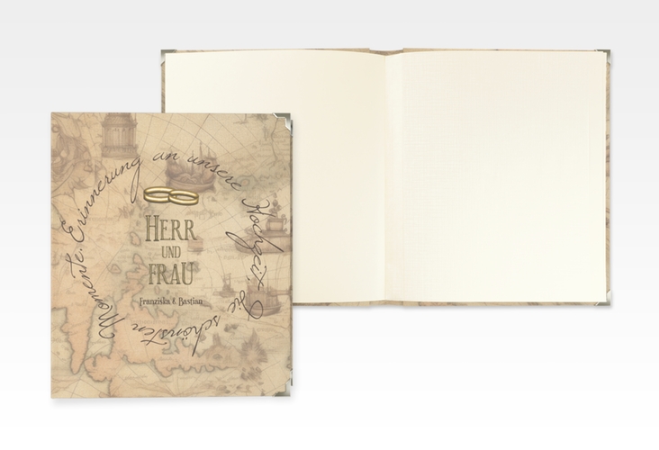 Hochzeitsalbum Zwei Ringe 21 x 25 cm beige mit Eheringen und Fantasy-Landkarte