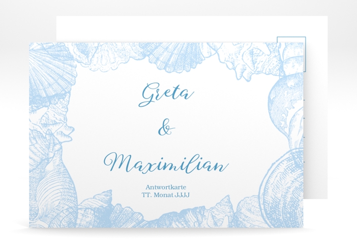 Antwortkarte Hochzeit Muschelreich A6 Postkarte blau hochglanz