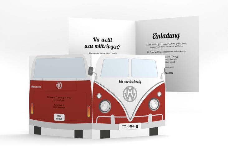 Einladung 40. Geburtstag Bulli Bus quadr. Klappkarte rot