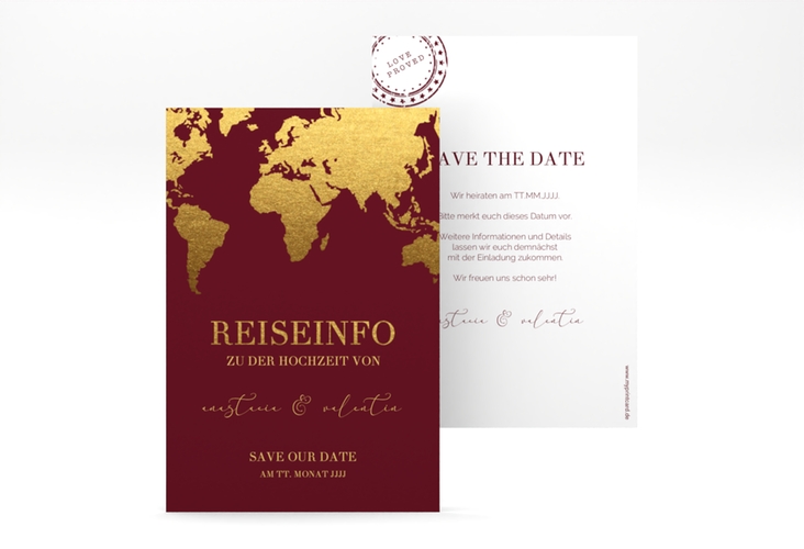 Save the Date-Karte Traumziel A6 Karte hoch rot im Reisepass-Design