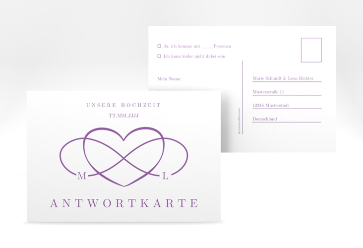Antwortkarte Hochzeit Infinity A6 Postkarte lila hochglanz