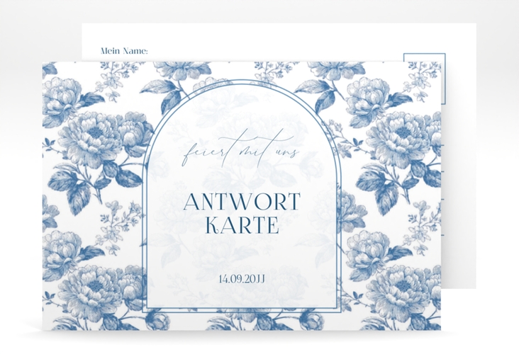 Antwortkarte Hochzeit Blue Floral A6 Postkarte mit blauem Blumenmuster auf weißem Grund