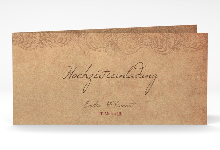 Hochzeitseinladung Fairytale lange Klappkarte quer braun mit Vintage-Bordüre