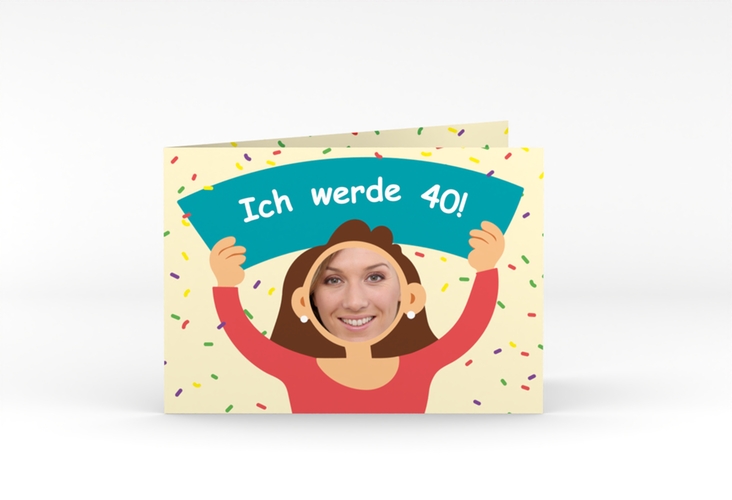 Einladung 40. Geburtstag Comic Woman A6 Klappkarte quer beige