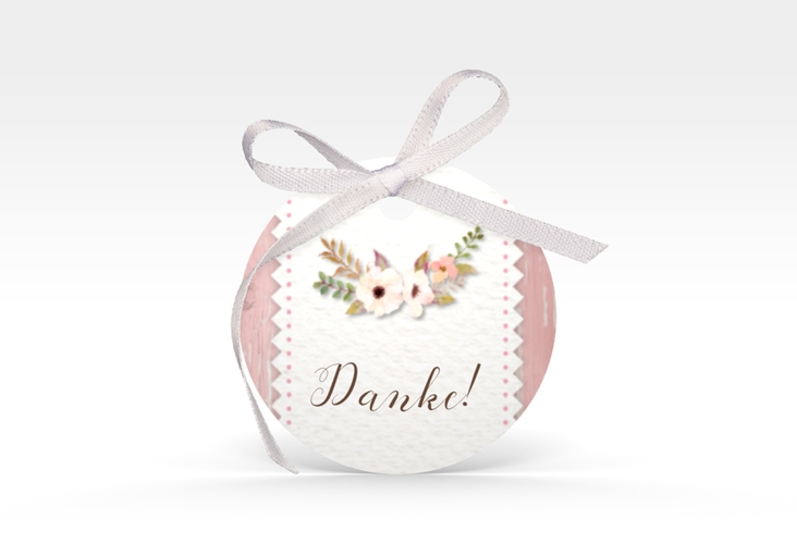 Geschenkanhänger Hochzeit Heimatjuwel Geschenkanhänger, rund rosa mit Hirschgeweih und Holz-Hintergrund