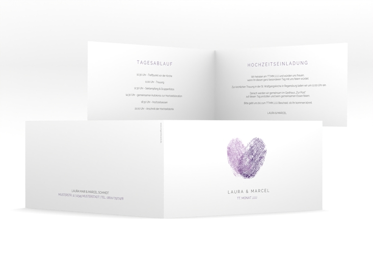 Hochzeitseinladung Fingerprint lange Klappkarte quer lila schlicht mit Fingerabdruck-Motiv