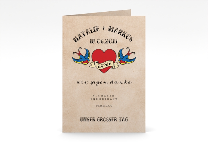 Danksagungskarte Hochzeit Tattoo A6 Klappkarte hoch beige mit Herz und zwei Schwalben
