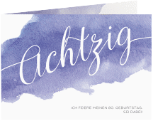 Einladung 80. Geburtstag Aquarell A6 Klappkarte quer blau mit erhobenem Skelett-Mittelfinger