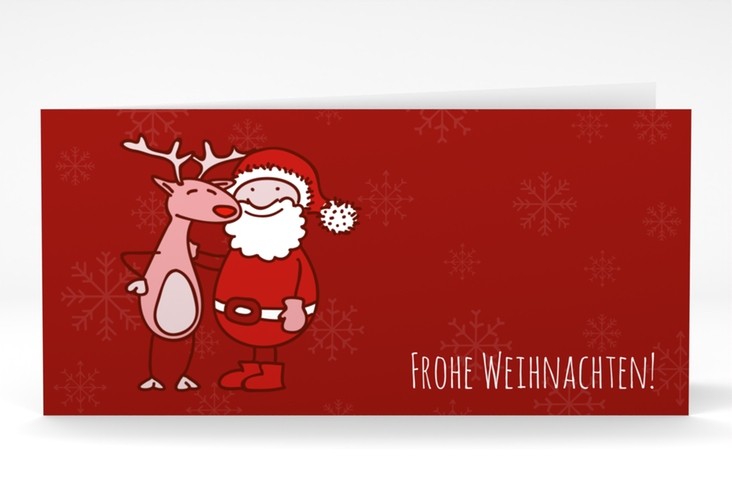 Weihnachtskarte Cartoon lange Klappkarte quer hochglanz mit Rentier und Nikolaus im Comic-Stil