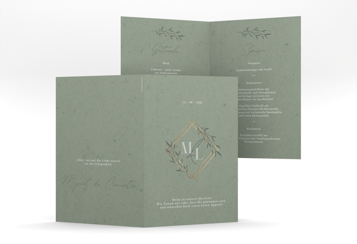 Menükarte Hochzeit Greenletter A5 Klappkarte hoch mit Initialen in elegantem Goldrahmen mit Blättern