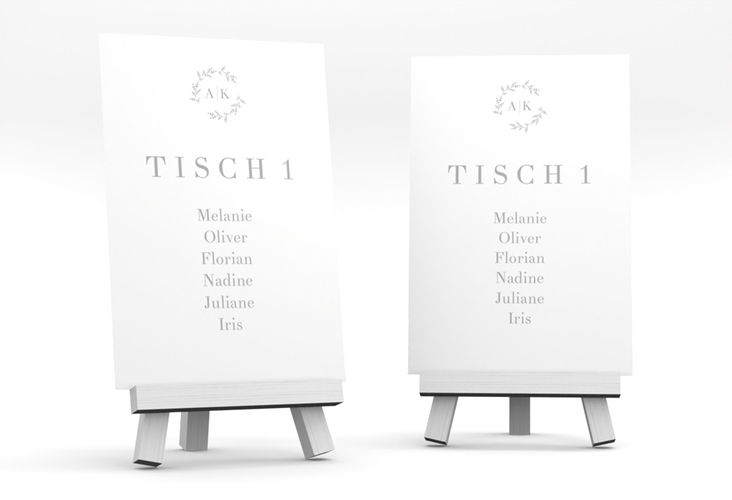 Tischaufsteller Hochzeit Filigrana Tischaufsteller in reduziertem Design mit Initialen und zartem Blätterkranz