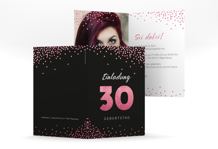 Einladung 30. Geburtstag Glitzer A6 Klappkarte hoch pink