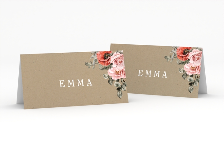 Tischkarte Hochzeit Grazioso Tischkarten Kraftpapier modern mit Mohnblumen und Rosen