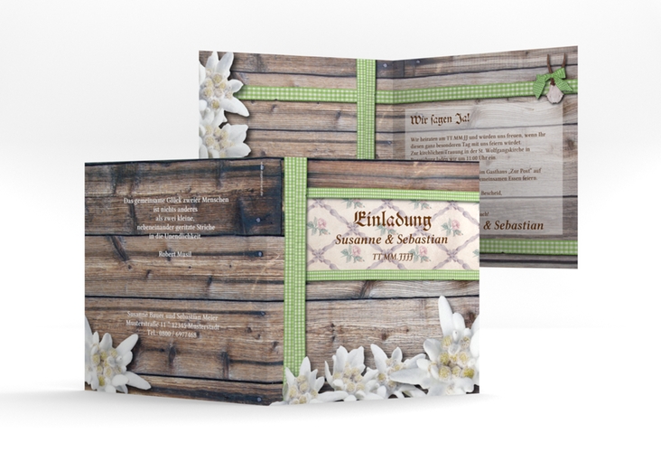 Einladungskarte Hochzeit Bayern quadr. Klappkarte gruen mit Edelweiß in rustikaler Holz-Optik