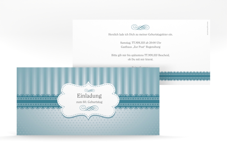 Einladung 60. Geburtstag Heinrich/Henriette lange Karte quer blau hochglanz mit frechen Polka Dots