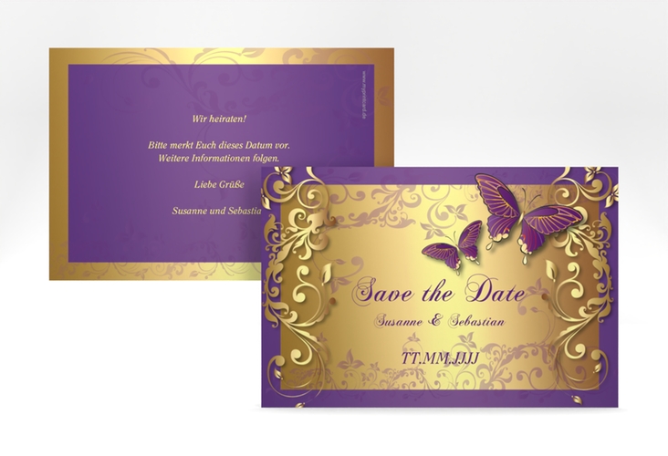 Save the Date-Karte Hochzeit Toulouse A6 Karte quer lila hochglanz romantisch mit Schmetterlingen