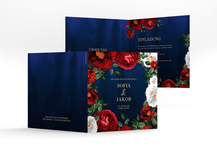 Einladungskarte Hochzeit Florista quadr. Klappkarte blau