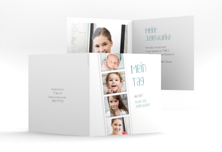 Einladung Jugendweihe Photostrip quadr. Klappkarte blau hochglanz
