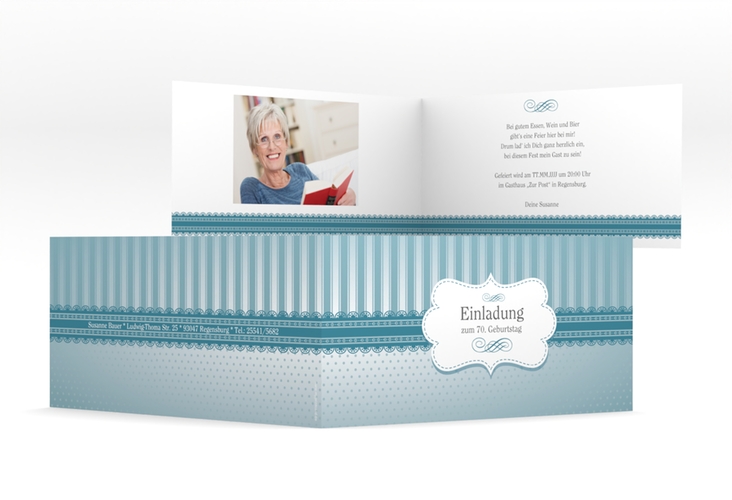 Einladung 70. Geburtstag Heinrich/Henriette lange Klappkarte quer blau mit frechen Polka Dots