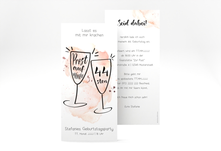 Einladung Geburtstag Sektgläser lange Karte hoch mit zwei Champagner-Gläsern auf Aquarell-Hintergrund