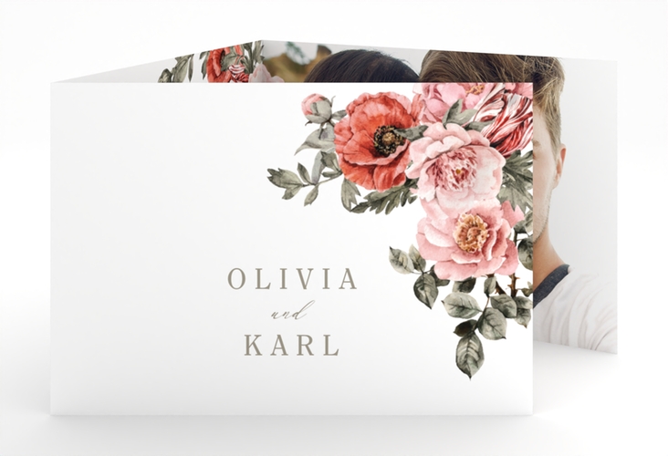 Hochzeitseinladung Grazioso A6 Doppel-Klappkarte weiss modern mit Mohnblumen und Rosen