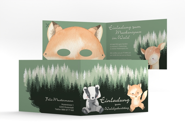 Einladung Kindergeburtstag mit Maske Waldkinder A6 Klappkarte quer orange