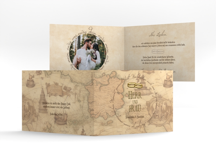 Danksagungskarte Hochzeit Zwei Ringe A6 Klappkarte quer mit Eheringen und Fantasy-Landkarte