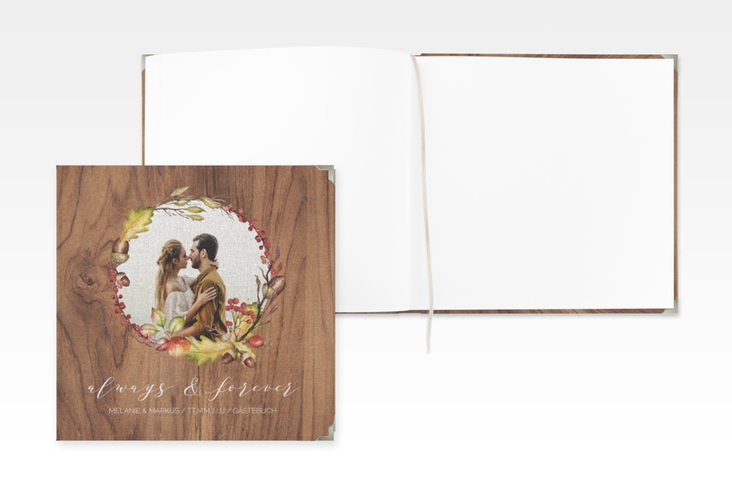 Gästebuch Selection Hochzeit Herbstlich Leinen-Hardcover braun mit Eichenkranz und Foto