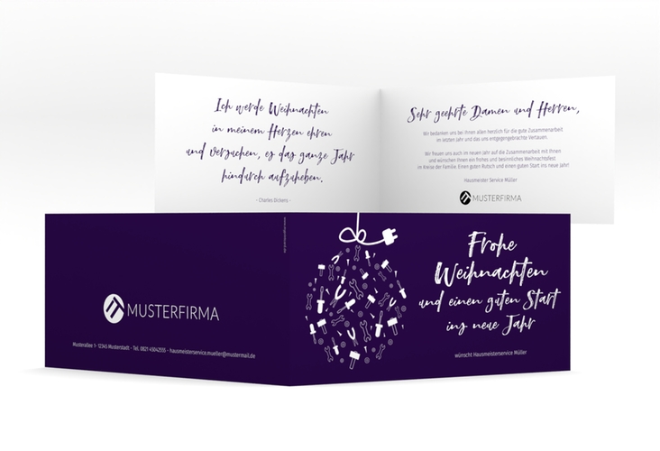 Business-Weihnachtskarte Werkzeugkugel lange Klappkarte quer mit Weihnachtskugel aus Werkzeugen