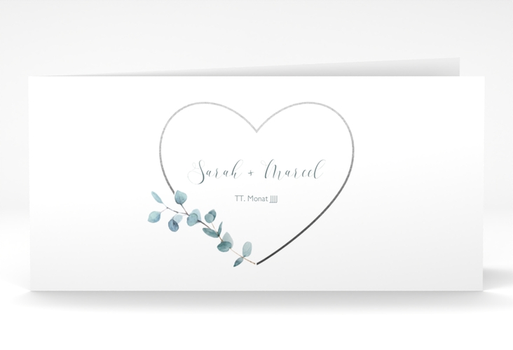 Hochzeitseinladung Greenheart lange Klappkarte quer grau mit elegantem Herz und Eukalyptus-Zweig