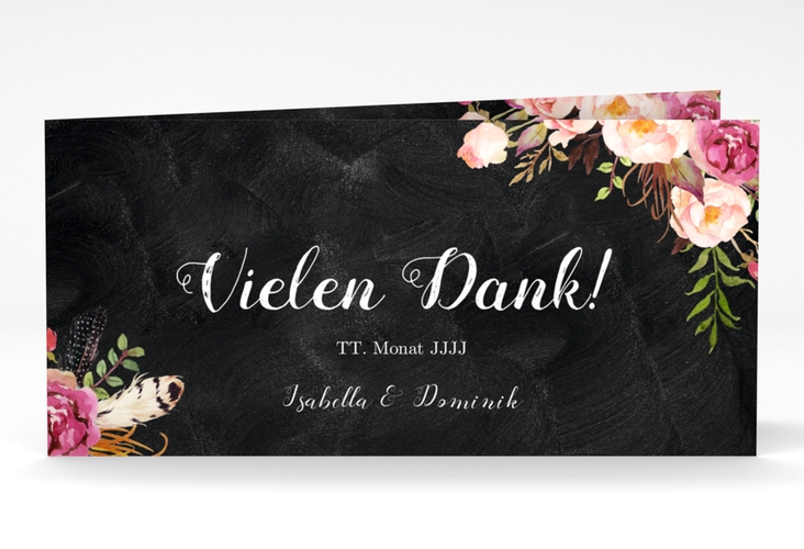 Danksagungskarte Hochzeit Flowers lange Klappkarte quer schwarz hochglanz mit bunten Aquarell-Blumen