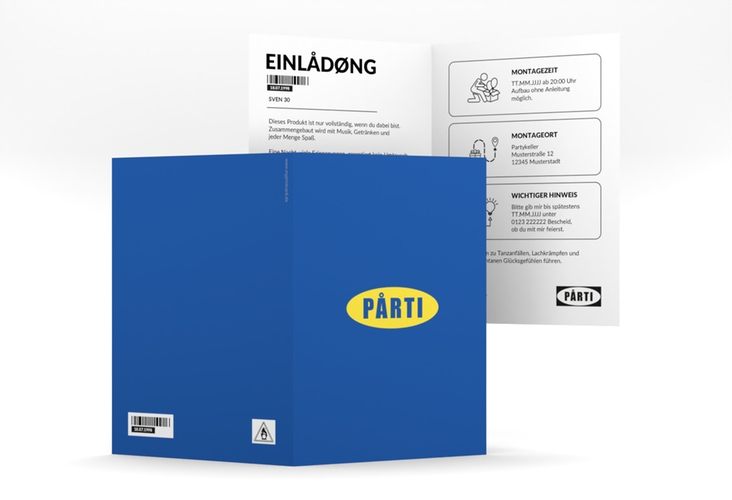 Einladung Geburtstag Partyanleitung A6 Klappkarte hoch blau