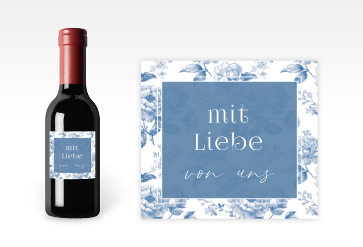 Piccoloetikett Hochzeit Blue Floral Etikett Piccolo blau mit blauem Blumenmuster auf weißem Grund