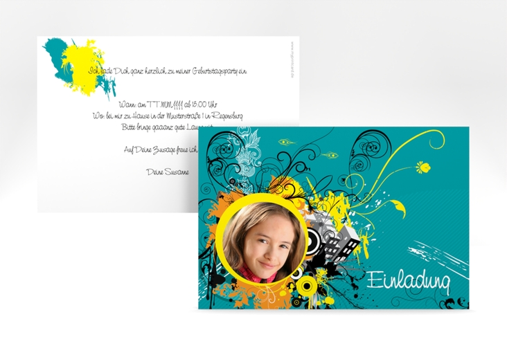 Einladungskarte Kindergeburtstag Daniel/Daniela A6 Karte quer tuerkis