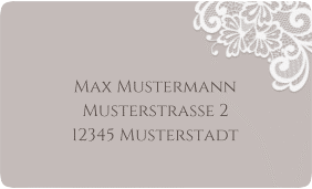 Klick: Details zu Empfängeretikett Hochzeit "Vintage" anzeigen Empfängeretikett Hochzeit Vintage 63,5 x 38,1 mm grau mit floraler Spitze