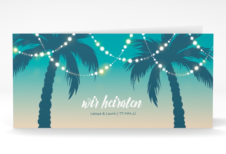 Hochzeitseinladung Beach lange Klappkarte quer tuerkis hochglanz mit Palmen im Sonnenuntergang