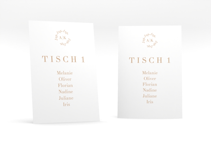 Tischaufsteller Hochzeit Filigrana Tischaufsteller beige in reduziertem Design mit Initialen und zartem Blätterkranz