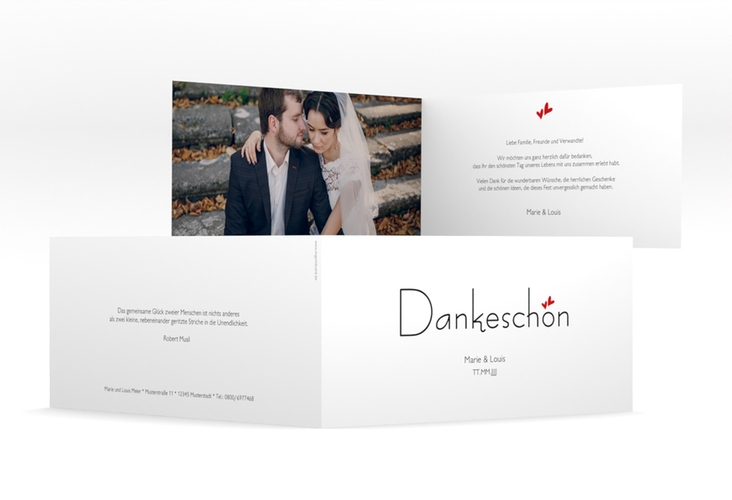Dankeskarte Hochzeit Twohearts lange Klappkarte quer rot