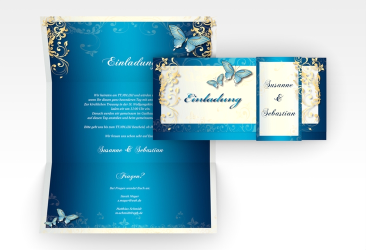 Hochzeitseinladung Toulouse Wickelfalzkarte + Banderole blau