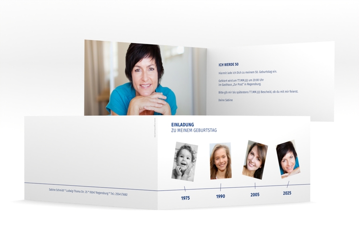 Einladung 50. Geburtstag Timeline lange Klappkarte quer weiss hochglanz
