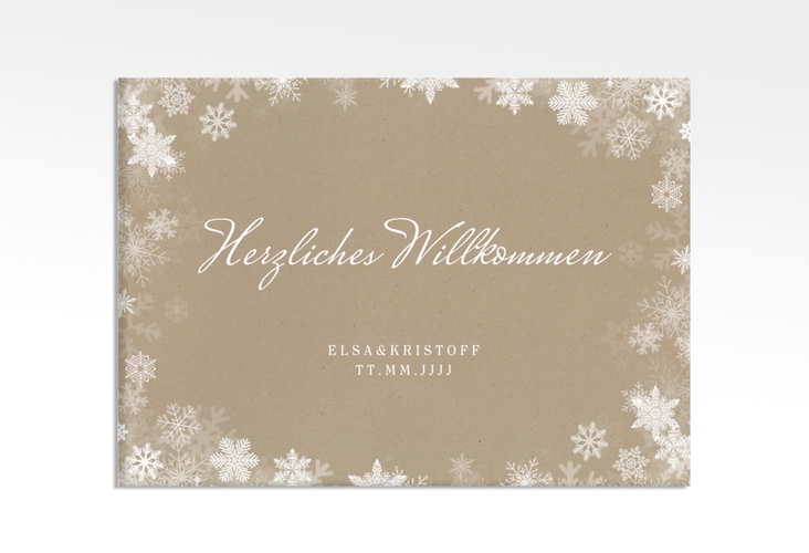Willkommensschild Hochzeit Snowfall 70 x 50 cm Leinwand mit Schneeflocken für Winterhochzeit