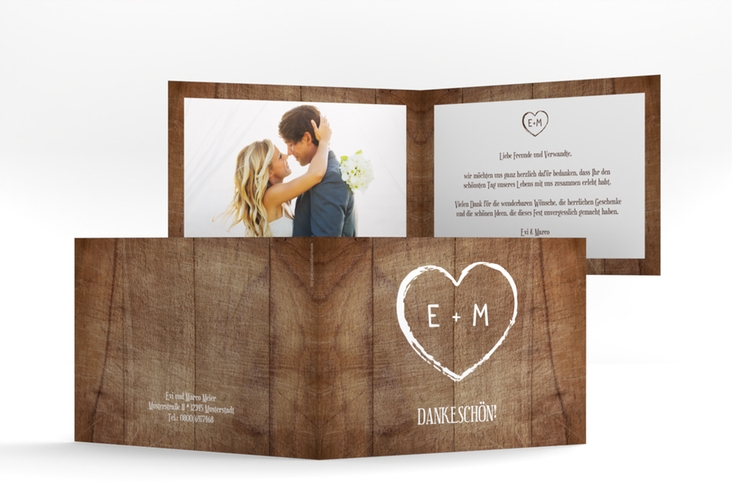 Danksagungskarte Hochzeit Wood A6 Klappkarte quer braun hochglanz