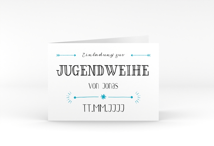 Einladung Jugendweihe Typeface A6 Klappkarte quer tuerkis hochglanz
